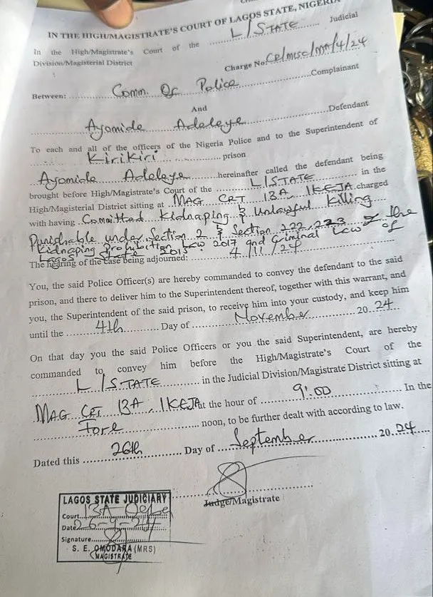 Christianah Idowu Case: Ayomide Adeleye Charged and Remanded in Lagos