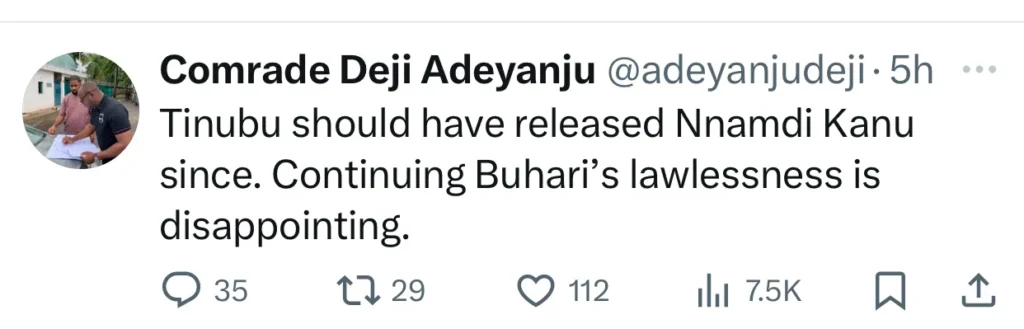 Deji Adeyanju Criticizes Tinubu for Not Releasing Nnamdi Kanu