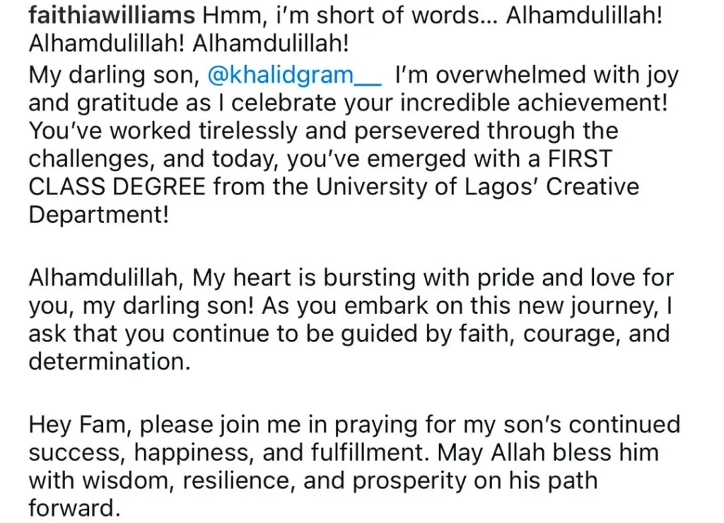 Fathia Williams Proudly Celebrates Son Khalid's First Class Graduation from UNILAG