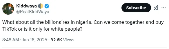 Kiddwaya Invites Nigerian Billionaires to Unite for TikTok Purchase
