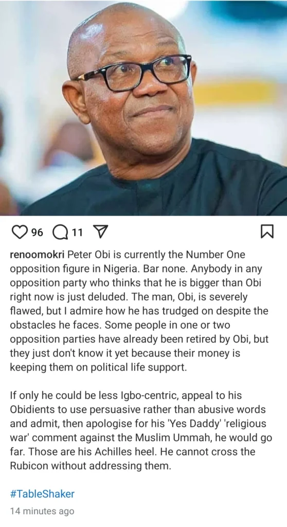 Reno Omokri's Subtle Critique: Why Opposition Leaders Can't Overshadow Peter Obi