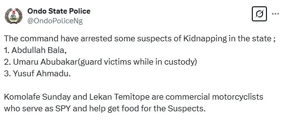 Police Arrest Motorcyclists Aiding Kidnappers in Ondo