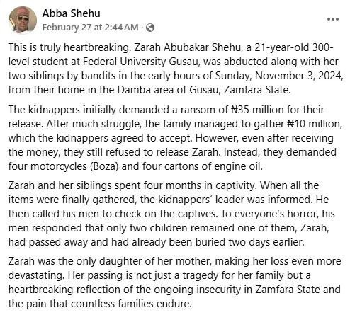 Zamfara University Student Dies After Ransom Paid